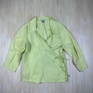 Jillian Jones 100% Linen Lime Green 3/4 Sleeve Wrap Shirt Casual Blouse Small